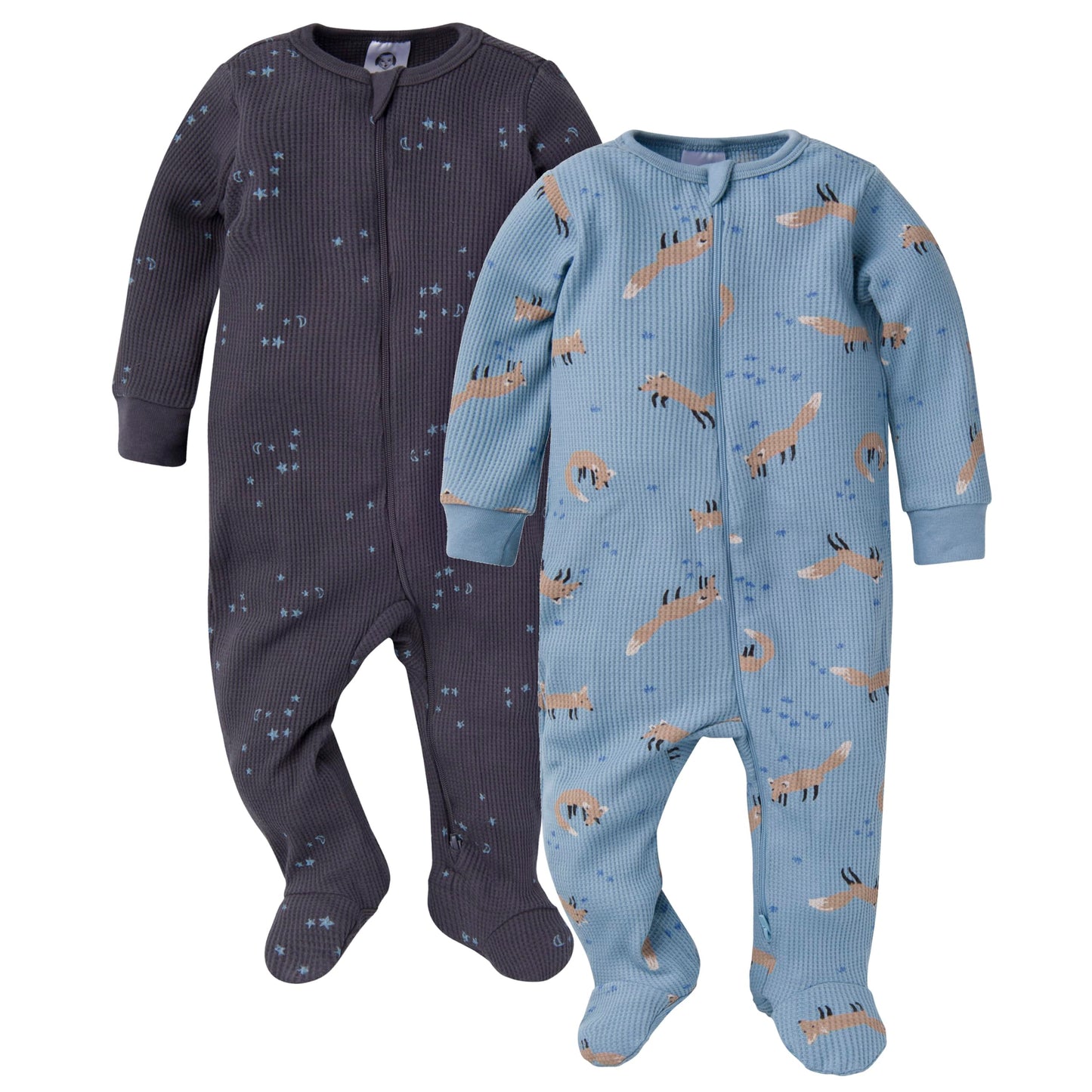 Gerber Baby Unisex 2-Pack 2-Way Zip Thermal Footed Sleep 'N Play, Foxes, 6-9 Months