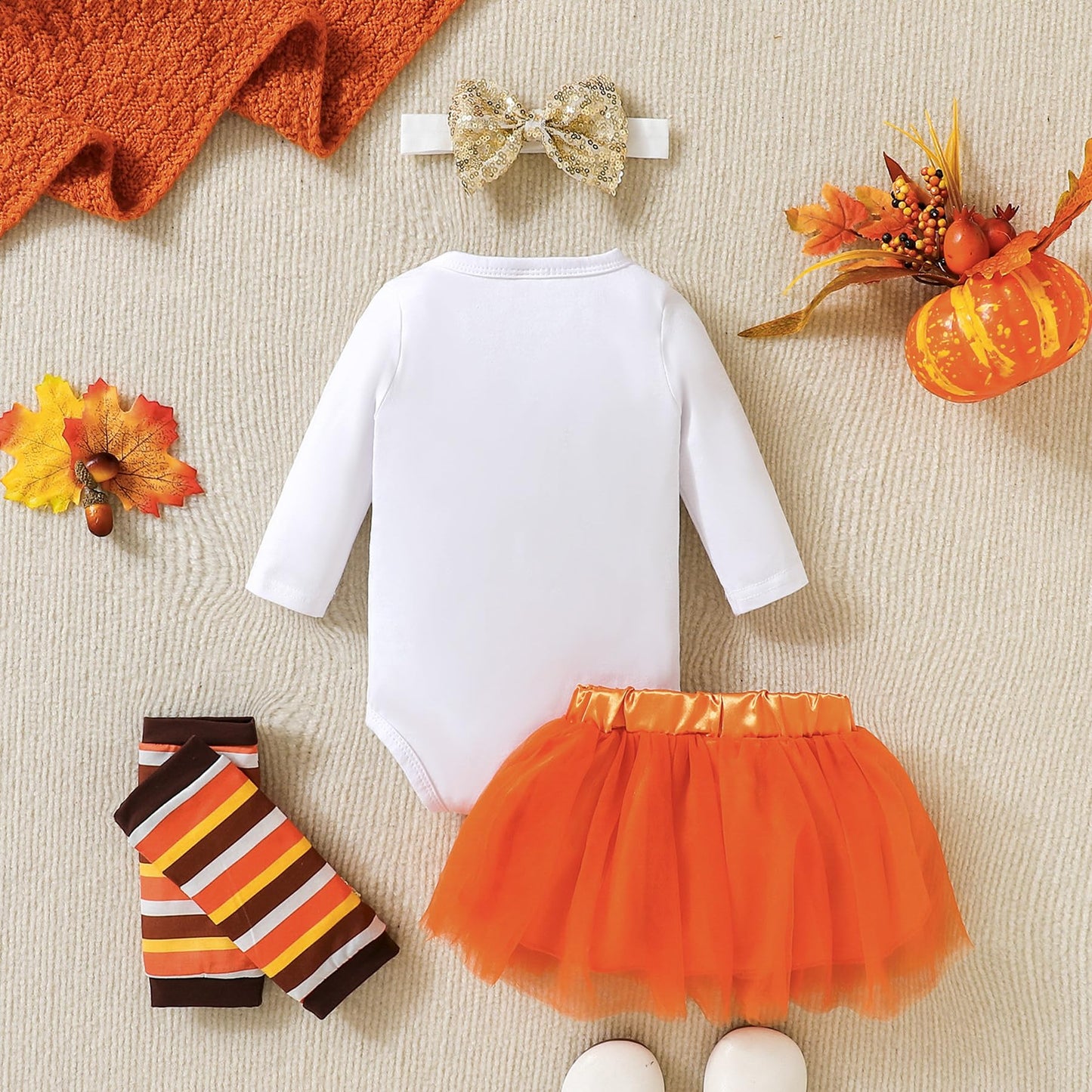 Cpei Baby Girls Thanksgiving Outfits Little Turkey Romper Bodysuit And Bow Tutu Dress And Striated Leg Warmer With Bunny Headban