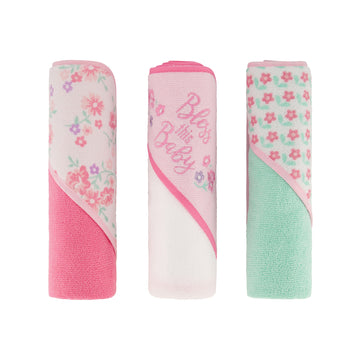 Cudlie Buttons & Stitches Baby Girl 3 Pack Rolled/Carded Hooded Towels In Bless This Baby Print, Gs71730