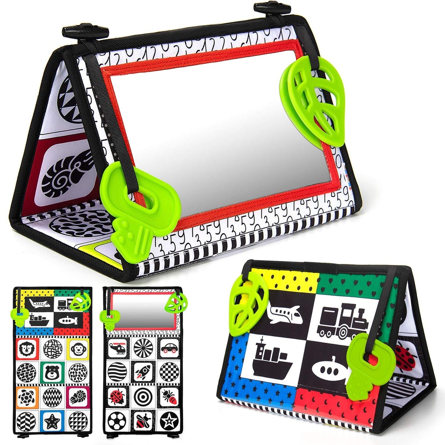 teytoy Tummy Time Baby Mirror Toys with Teethers, Double Black and White High Contrast Baby Toys 0-6 Months, Foldable Floor Sens