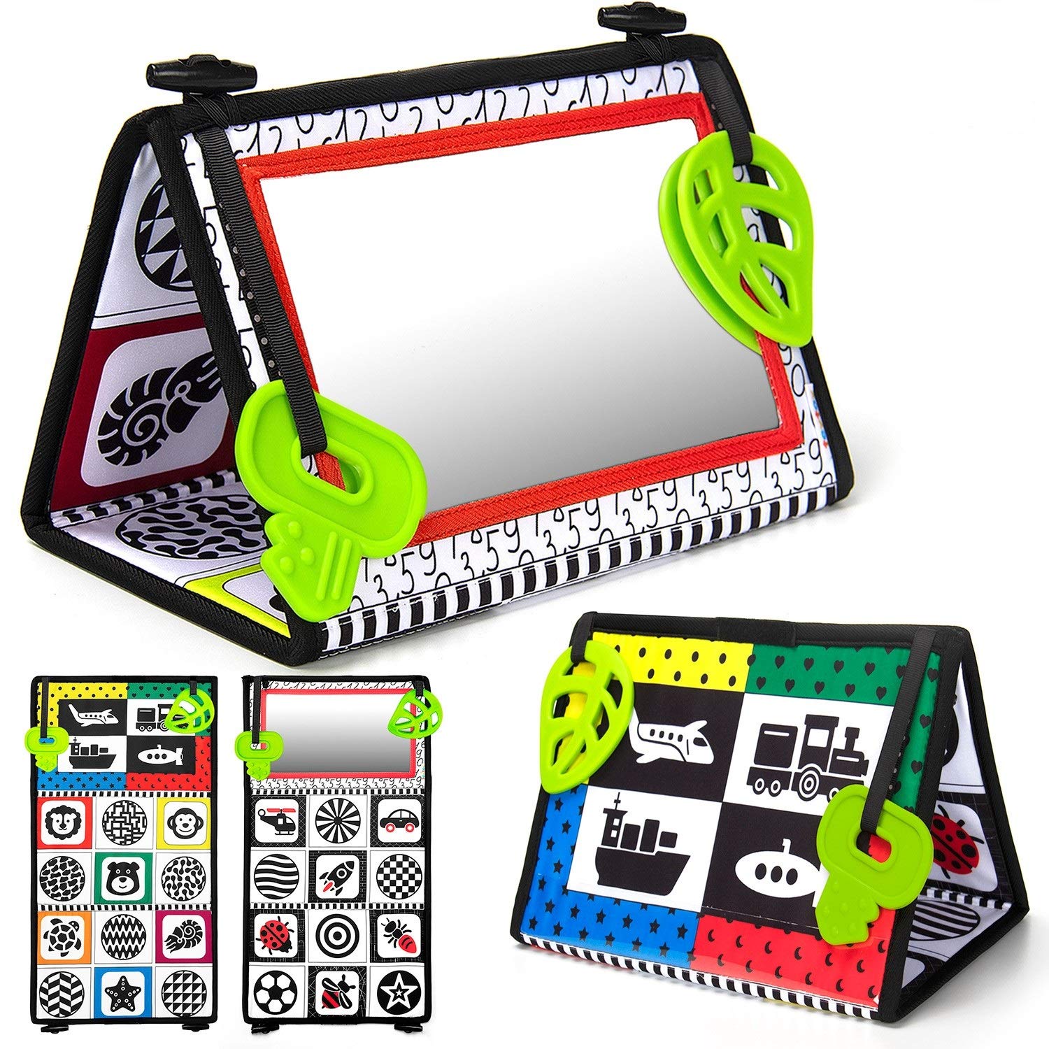 teytoy Tummy Time Baby Mirror Toys with Teethers, Double Black and White High Contrast Baby Toys 0-6 Months, Foldable Floor Sens