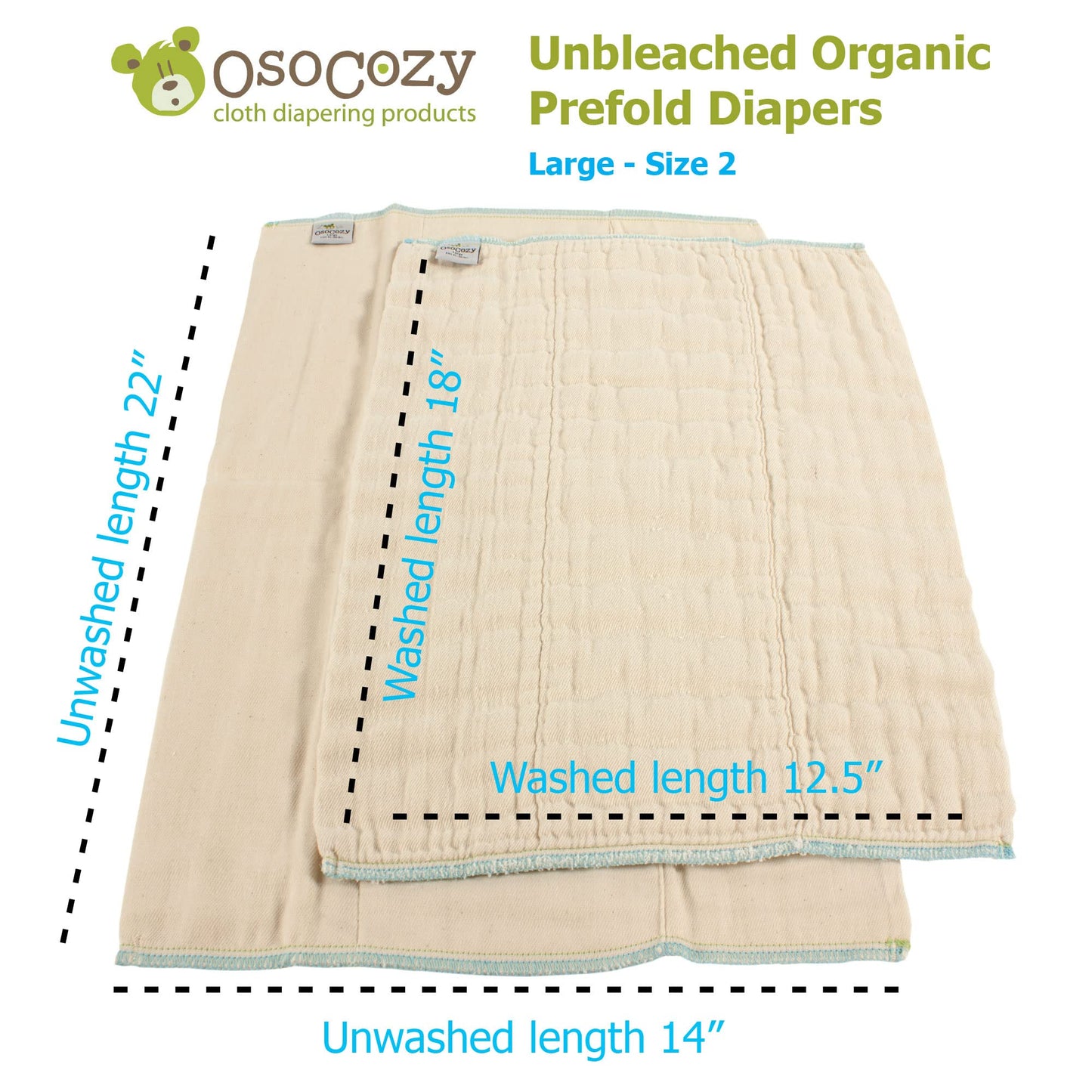 OsoCozy Organic Cotton Prefold Cloth Diapers Traditional Fit Large 4x8x4 Layering (6pk) - Super-Soft, Thick, Absorbent, Durable