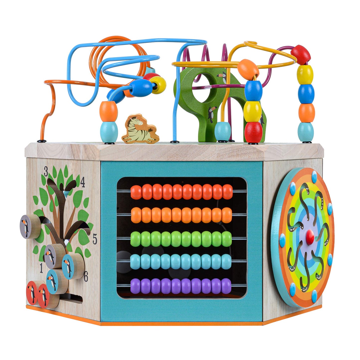 Teamson Kids Preschool Play Lab 7-in-1 Large Wooden Activity Cube Station Center Bead Maze and Counting for Kids Baby Toys, Natu