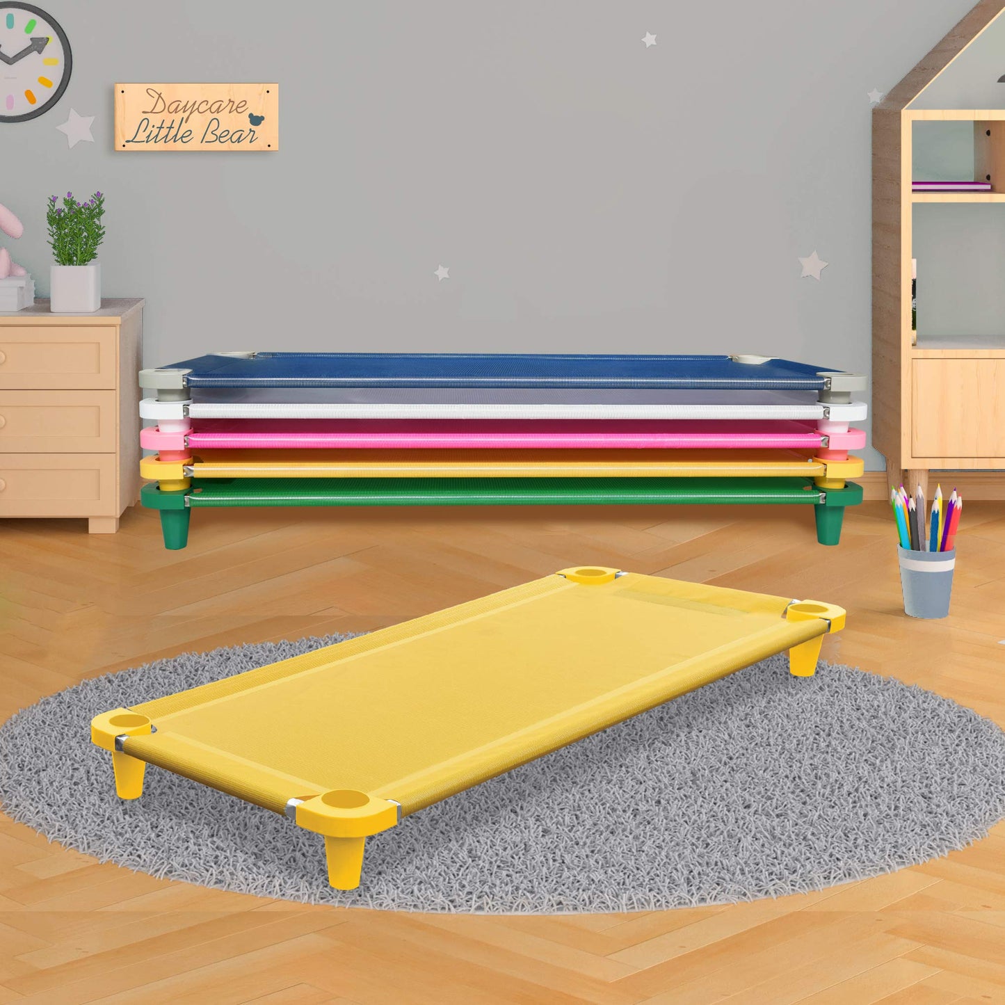 Acrimet Nap Cot For Kids, Portable Toddler Child Bed, Stackable, 52' L (Stainless Steel Tubes) (Yellow Breathable Mesh Fabric -