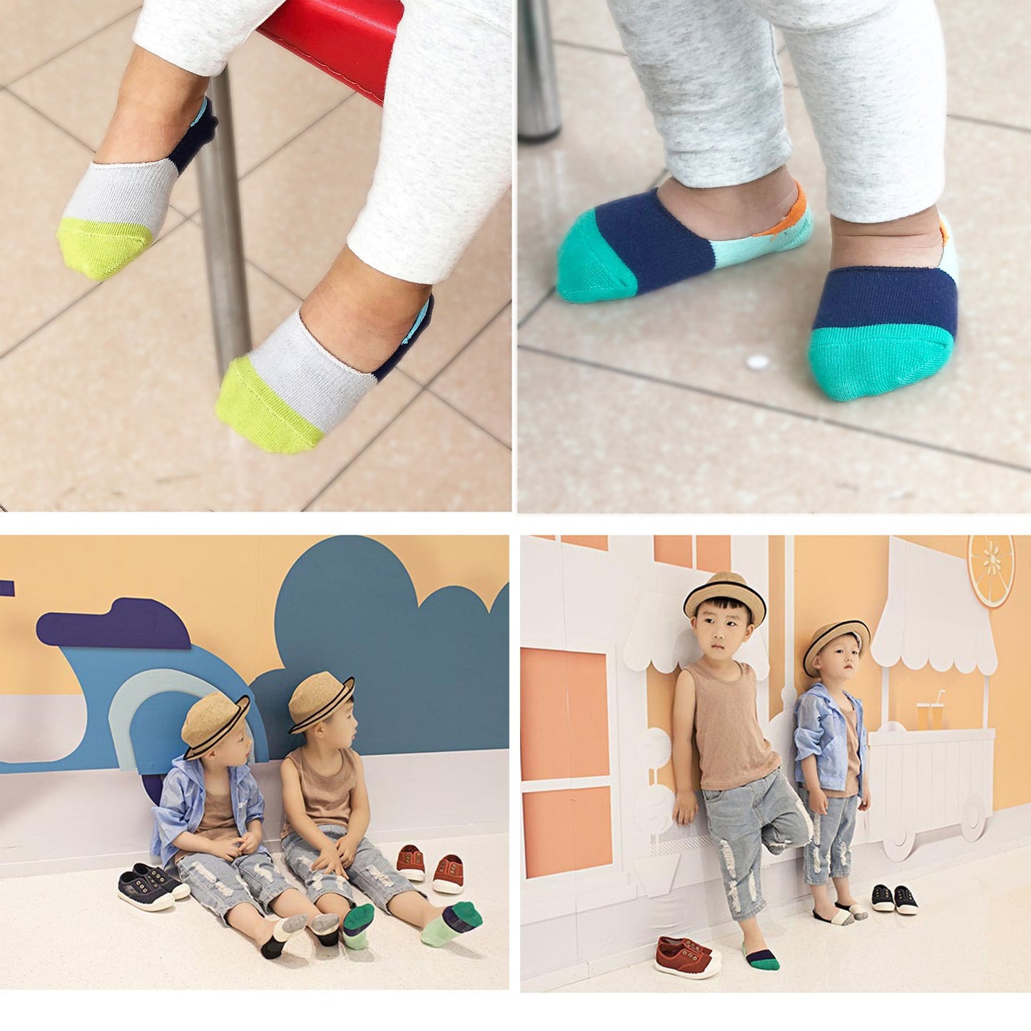 Vwu Toddler Socks No Show Kids Baby Thin Cotton Socks Anti Slip Color Assorted 1-8T Black Gray White 6 Pack, 1-3T