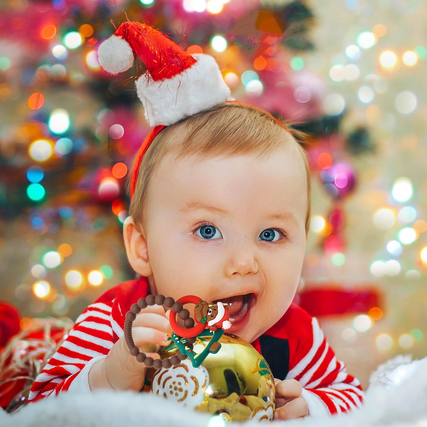 2pcs Christmas Baby Silicone Teether Christmas Tree and Bear Teething Ring Christmas Teething Toys Toddler Teething Chew Toys Ch