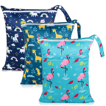 Angel Love Wet Bags for Baby, 3 Pack Wet Dry Bags for Baby Cloth Diaper, Wet Bathing Suit Bag Waterproof with Two Zippered Pocke