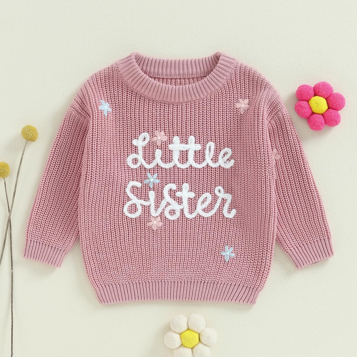Amnnchya Toddler Infant Baby Girl Knit Sweater Big Sister Little Sister Matching Outfits Long Sleeve Pullover Sweatshirt (Rose P