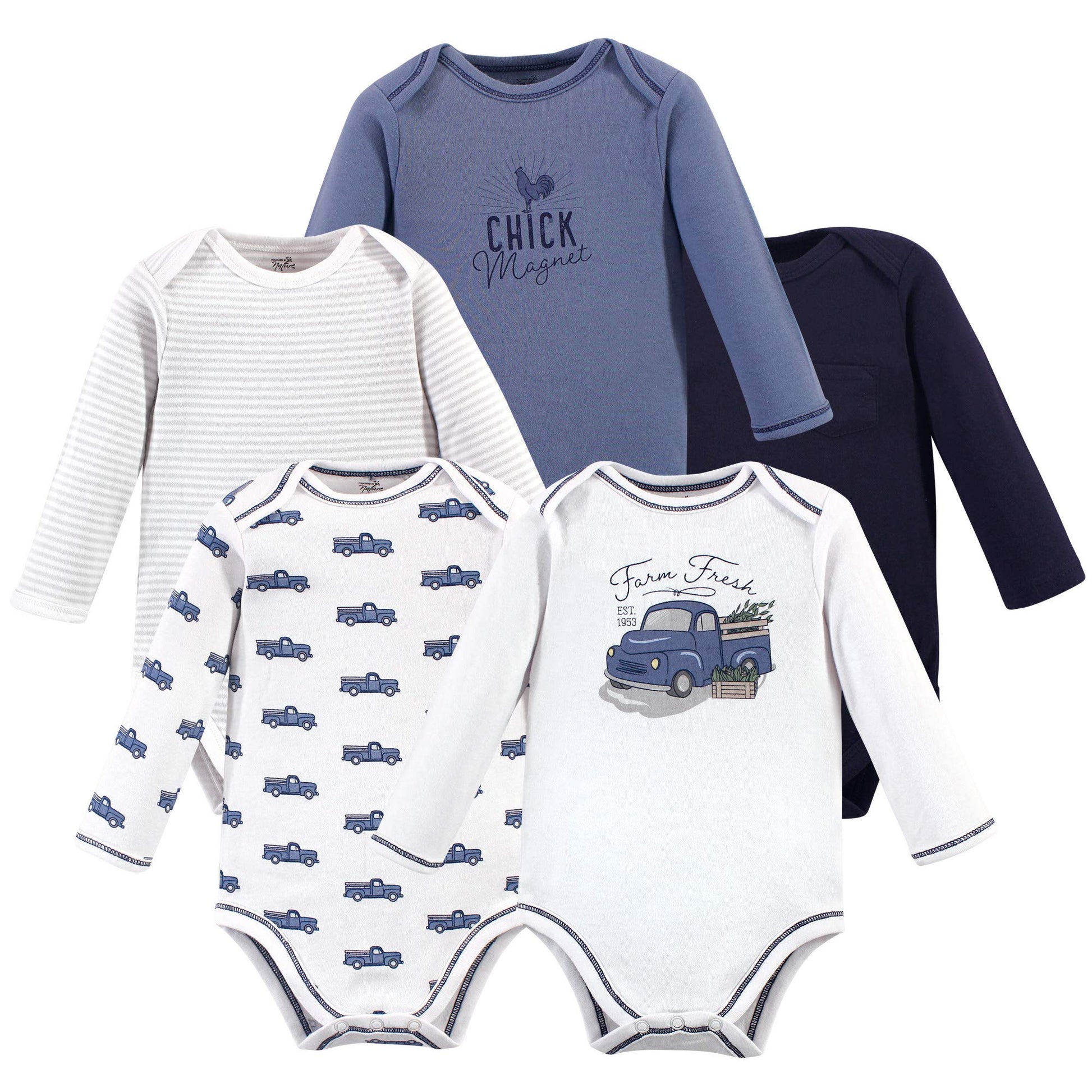 Touched By Nature Baby Organic Cotton Long-Sleeve Bodysuits, Truck, 9-12 Months
