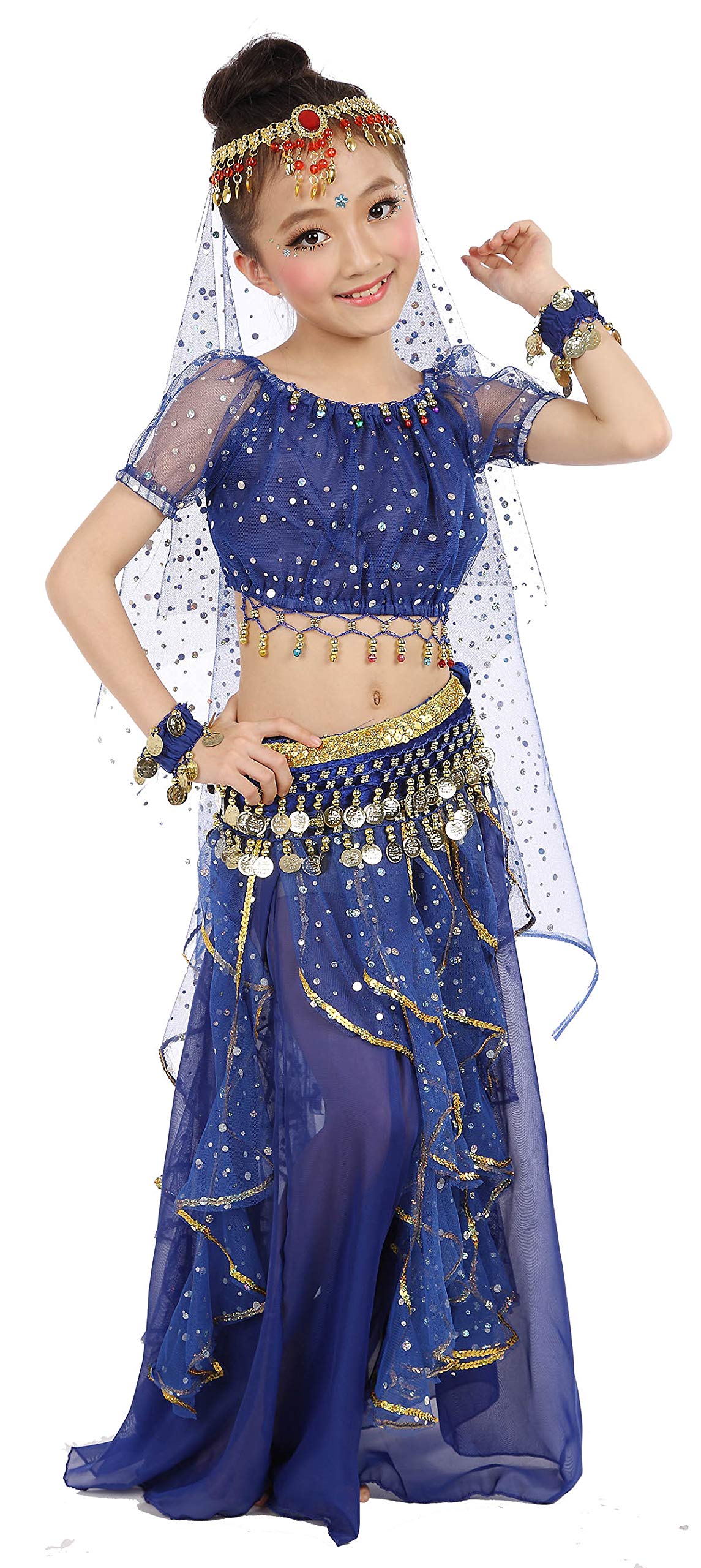 Girls Belly Dance Top Skirt Set Halloween Costume With Head Veil,Waist Chain Dark Blue