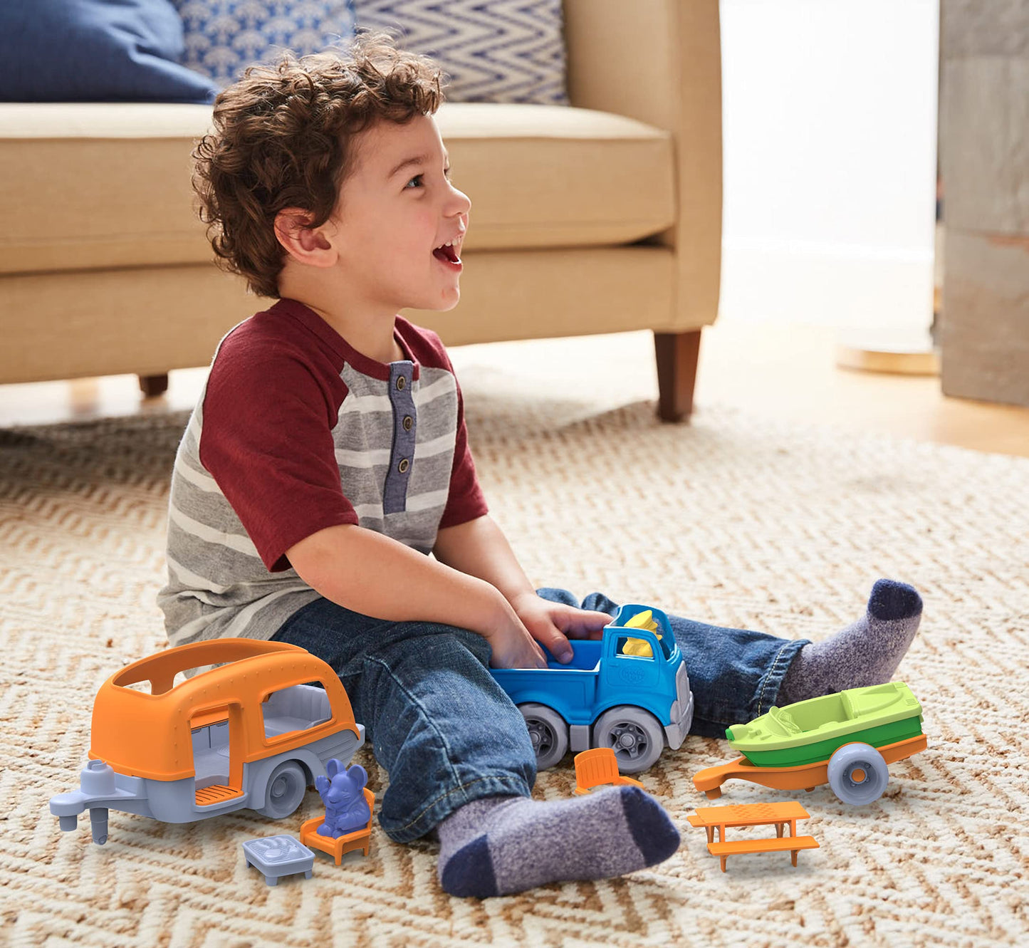 Green Toys RV Camper Set, Blue/Orange - 10 Piece Pretend Play, Motor Skills, Kids Toy Vehicle Playset. No BPA, phthalates, PVC.
