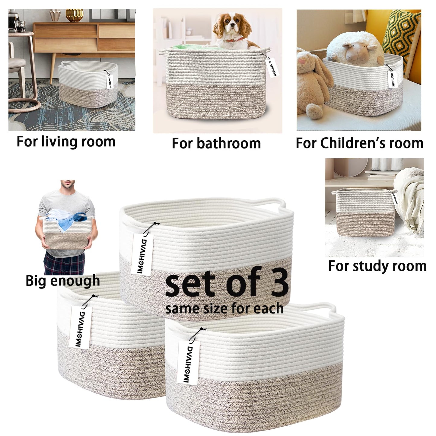 Davihomi 3Pack Small Woven Cotton Rope Basket For Organizing, Gift Baskets For Handles, Empty Gift Baskets, Toy Basket For Bins|