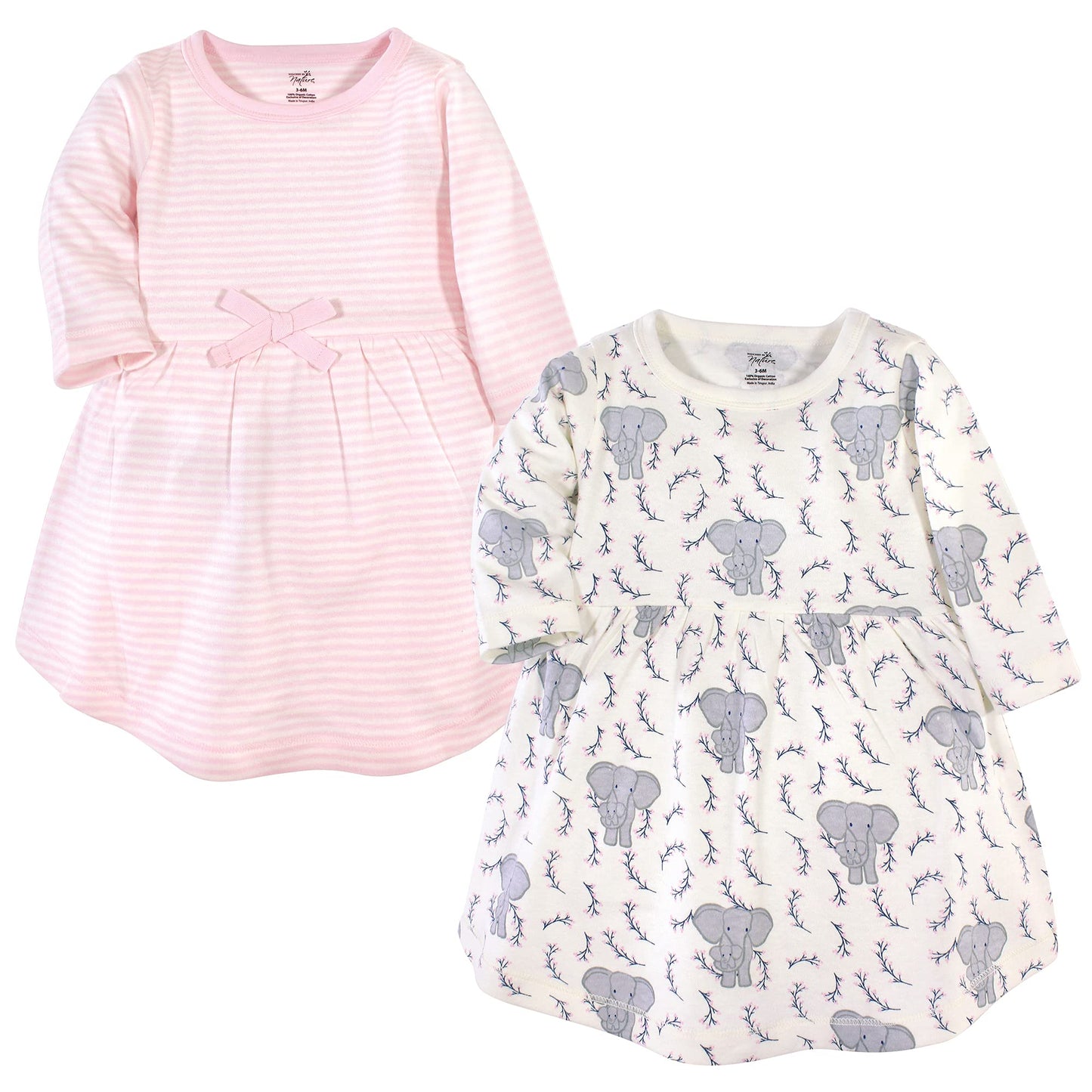 Touched By Nature Baby Girls Organic Cotton Short-Sleeve And Long-Sleeve Dresses Casual Dress, Pink Elephant Long Sleeve, 3T Us