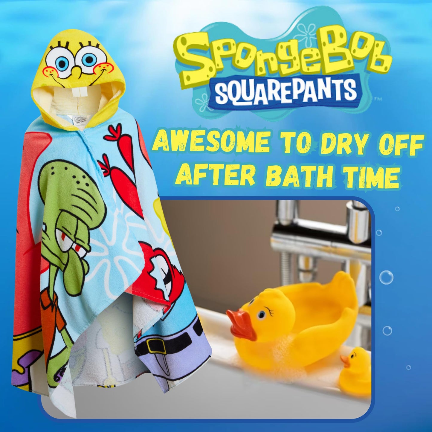 Spongebob Squarepants Hooded Towel 100% Cotton Kids Poncho Beach Bath Towel Swimming Wrap Changing Robe