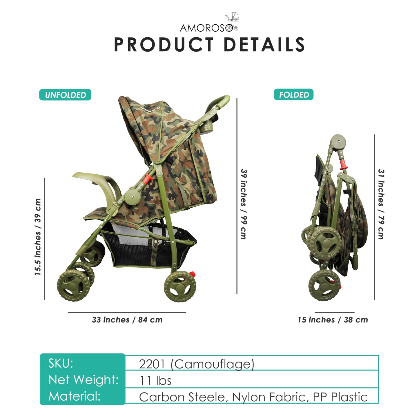 Amoroso Single Baby Stroller - Four Wheels, Lightweight, Convertible With Extra Storage Space - Foldable With Sun Protection Hoo