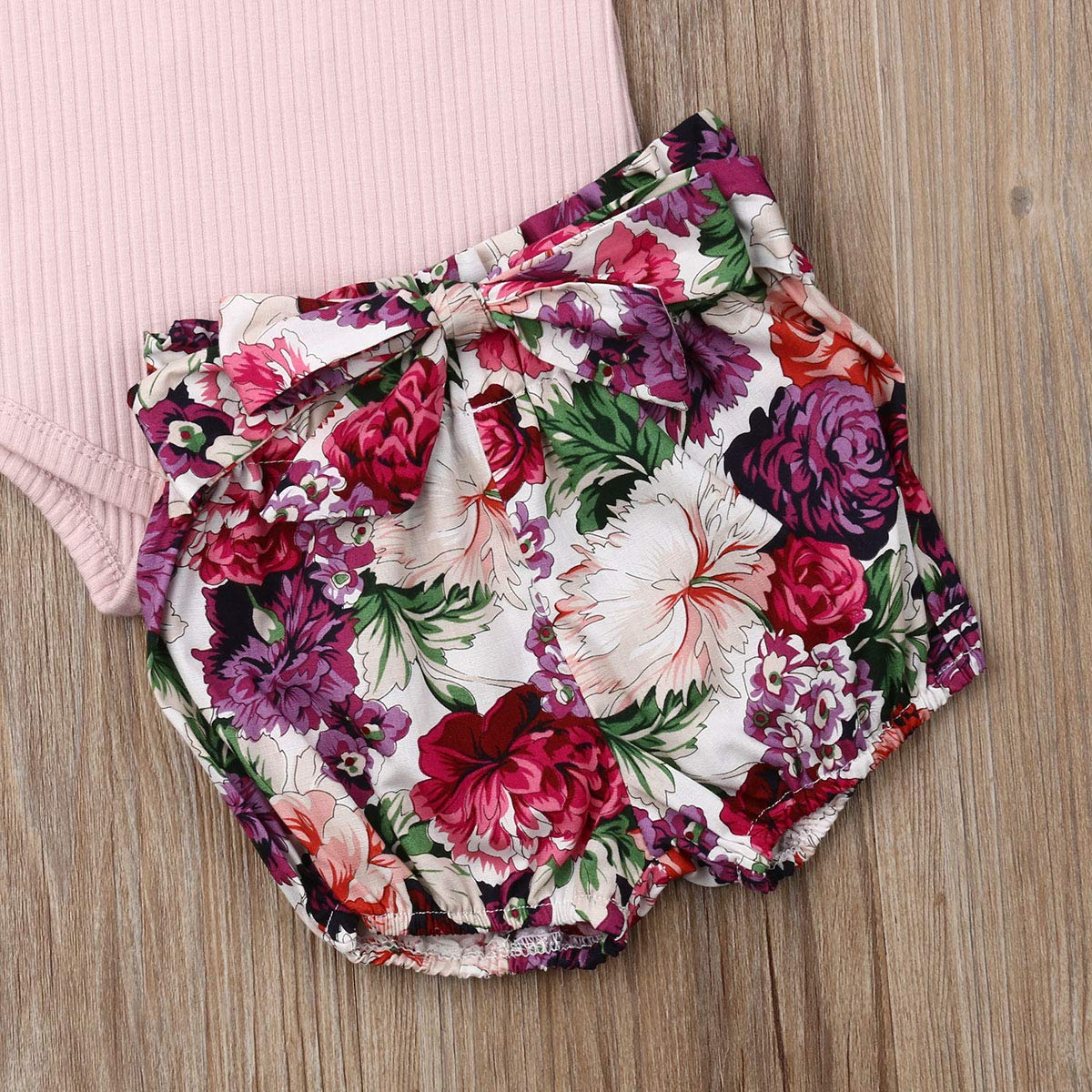 Newborn Baby Girls Cotton Short Sleeve Ruffle Bodysuit And Floral Shorts Headband Outfit Summer Clothes Set (3-6 Months, Pink+Pu