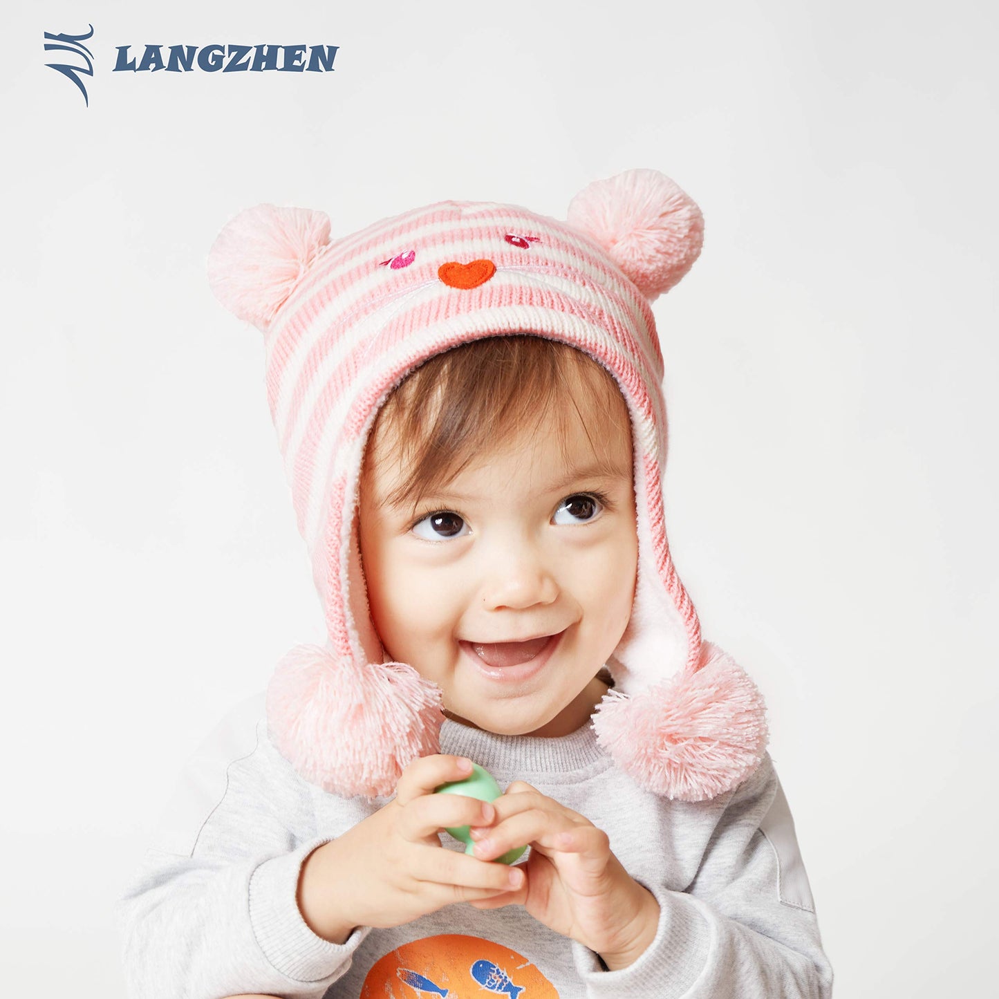 Langzhen Toddler Kids Infant Winter Hat,Earflap Knit Warm Cap Fleece Lined Beanie For Baby Boys Girls (Bear -Pink Stripe, 2-4 T)