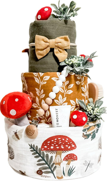 Forest Mushroom Diaper Cake - Handmade 3 Tier Baby Shower Gift, Woodland Theme Diaper Cake, Girl, boy, Gender Neutral, Unisex Di