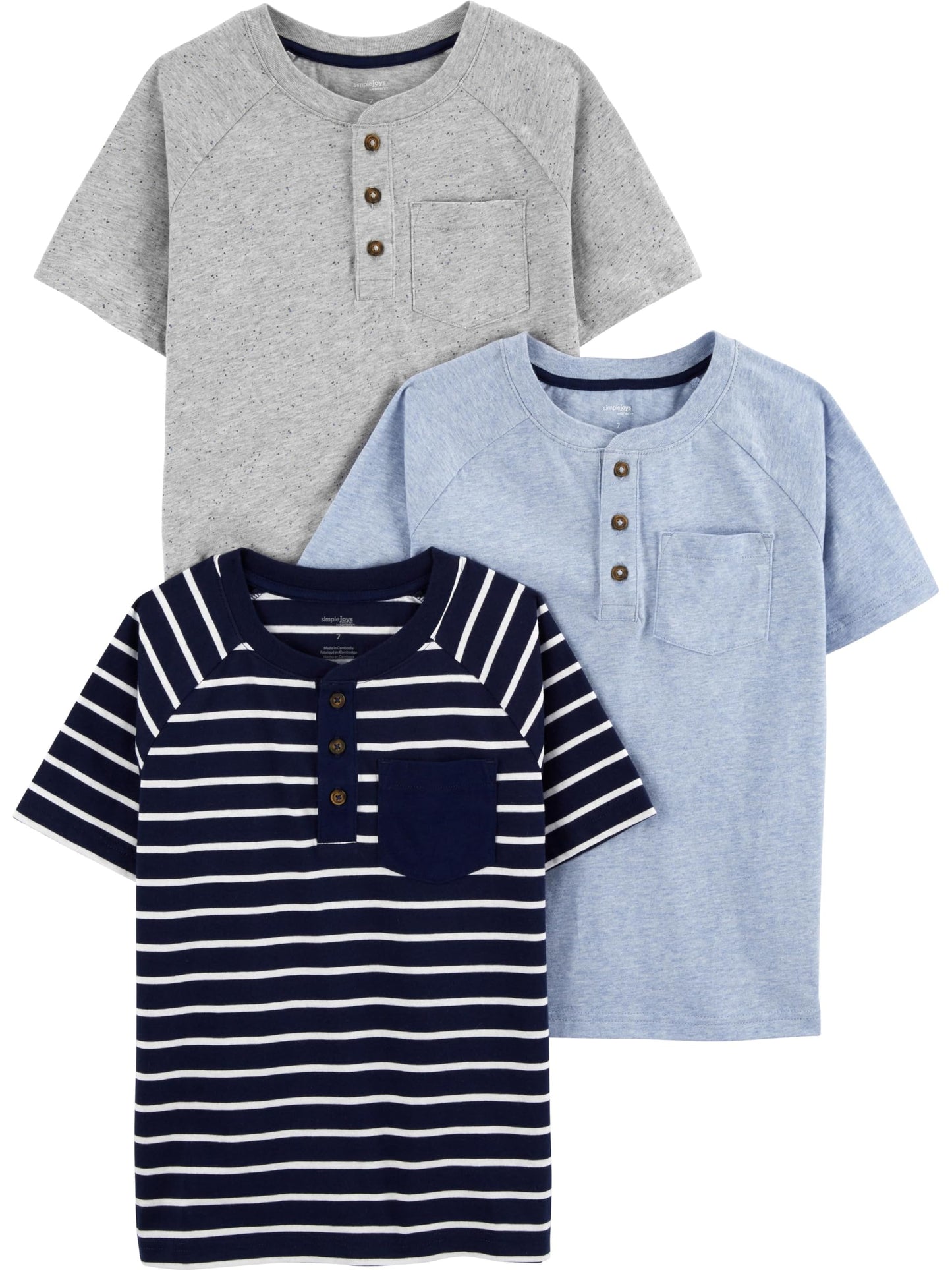 Simple Joys By Carter'S Baby Boys' 3-Pack Short-Sleeve Tee Shirts, Blue Heather/Grey Heather Dots/Navy Stripe, 18 Months