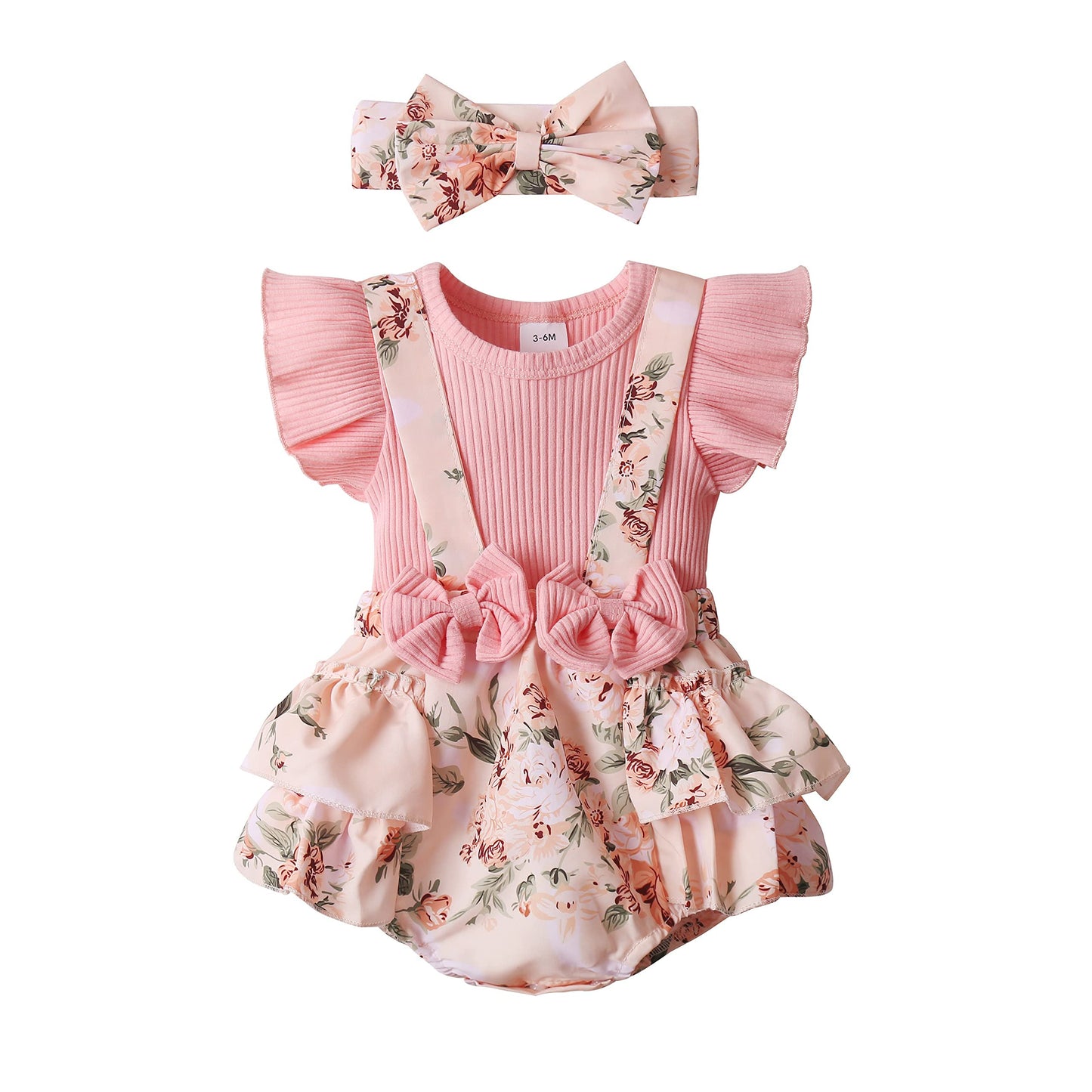 Mbmshegh Newborn Baby Girl Clothes Summer Infant Romper Outfit Short Sleeve Suspender Ribbed Shorts Clothing With Headband 0-3 M