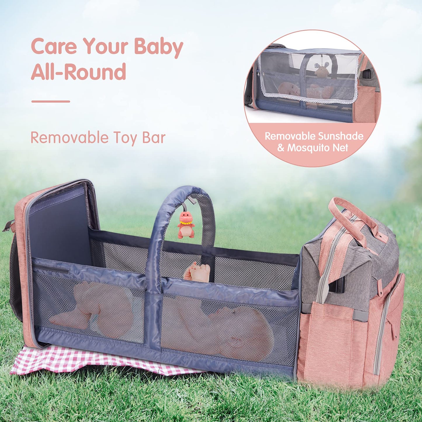 Derjunstar Diaper Bag Backpack,Baby Diaper Bags, Multifunctional Travel Diaper Waterproof Backpack For Baby Boy & Girls, Rose Pi