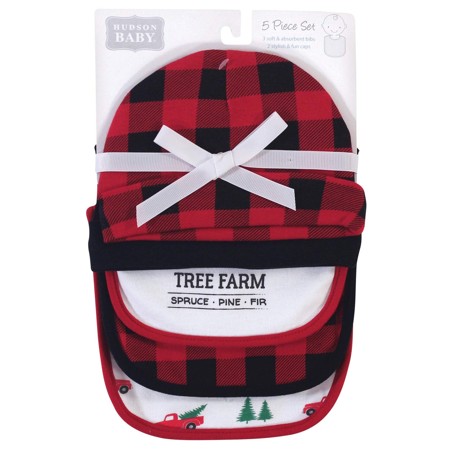 Hudson Baby Unisex Baby Cotton Bib And Headband Or Caps Set, Christmas Tree Farm, One Size