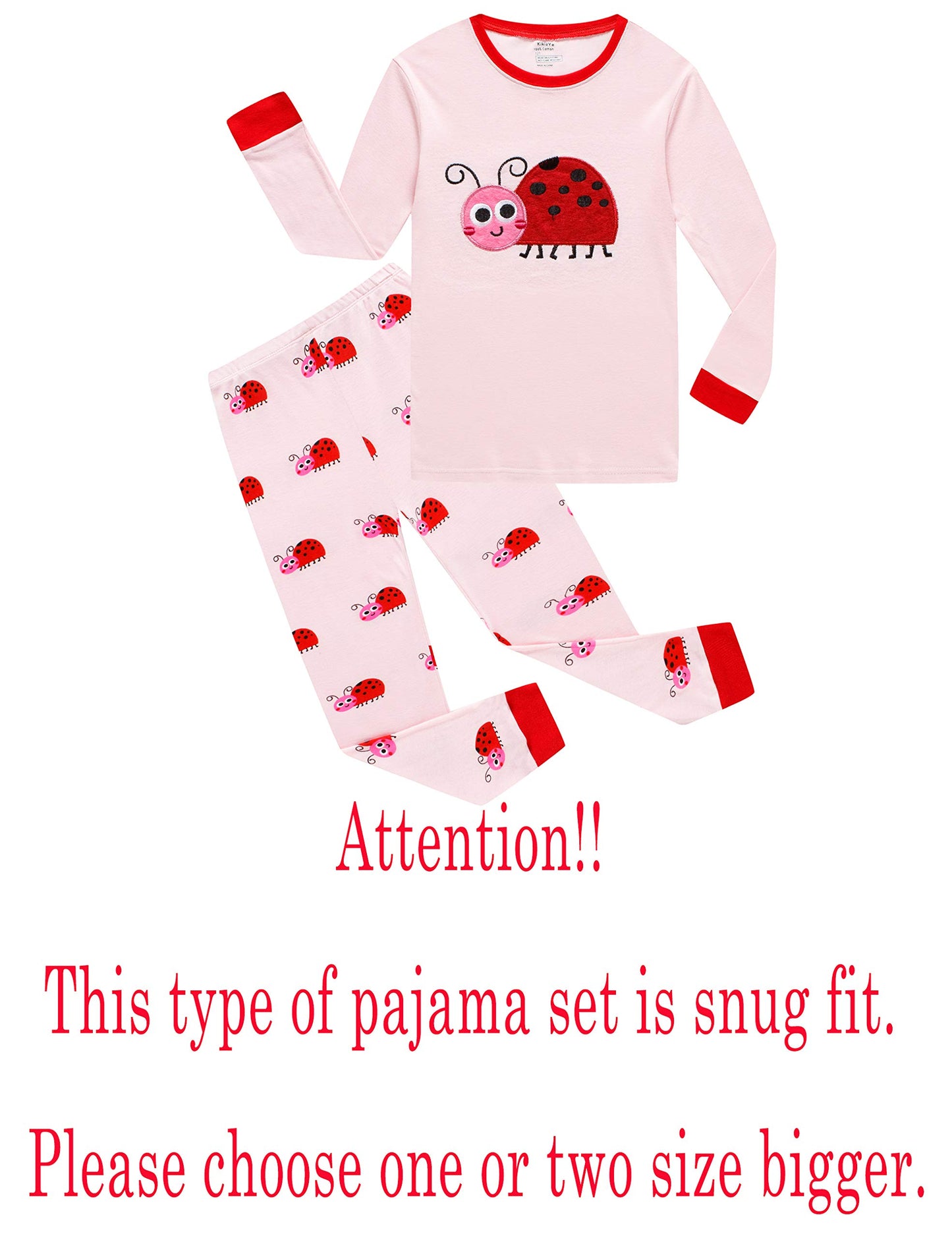 Kikizye Baby Girls Long Sleeve Ladybug Pajama Sets 100% Cotton Pjs Toddler Size 12-18 Mothes