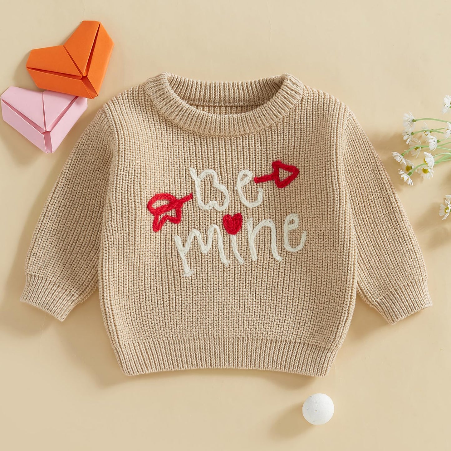 Nokpsedcb Baby Girl Cute Long Sleeve Heart Flowers Embroidery Oversized Sweater Toddler Valentine Outfit (Khaki Be Mine, 12-18 M