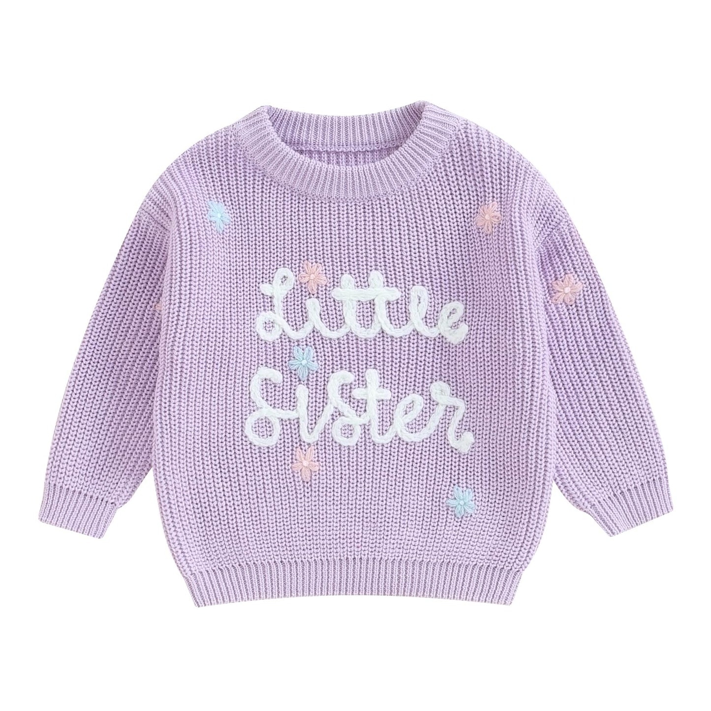 Amnnchya Toddler Infant Baby Girl Knit Sweater Big Sister Little Sister Matching Outfits Long Sleeve Pullover Sweatshirt (Purple