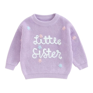 Amnnchya Toddler Infant Baby Girl Knit Sweater Big Sister Little Sister Matching Outfits Long Sleeve Pullover Sweatshirt (Purple