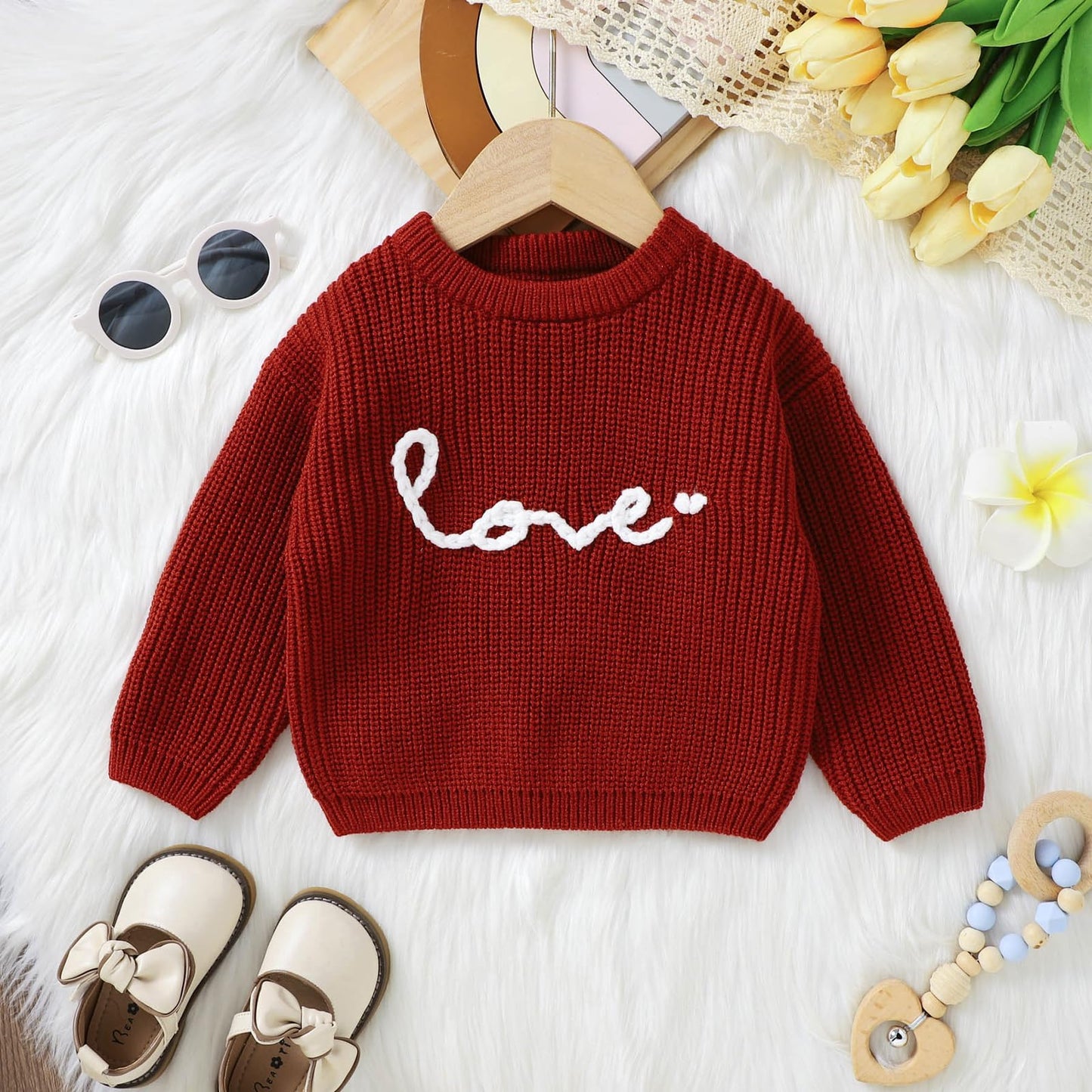 Baby Girl Cute Long Sleeve Crew Neck Love Embroidery Sweater Toddler Valentine Day Outfits (Red Love, 18-24 Months)