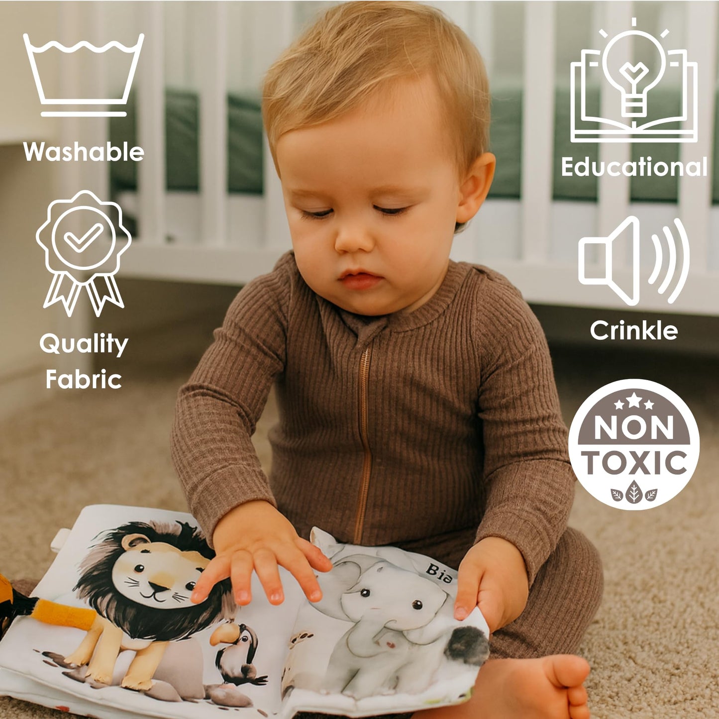 Ali+Oli Baby Cloth Book - Soft Sensory Crinkle Book with Textured Tails for Infants 0-12 Months - Early Learning Touch & Feel Tu