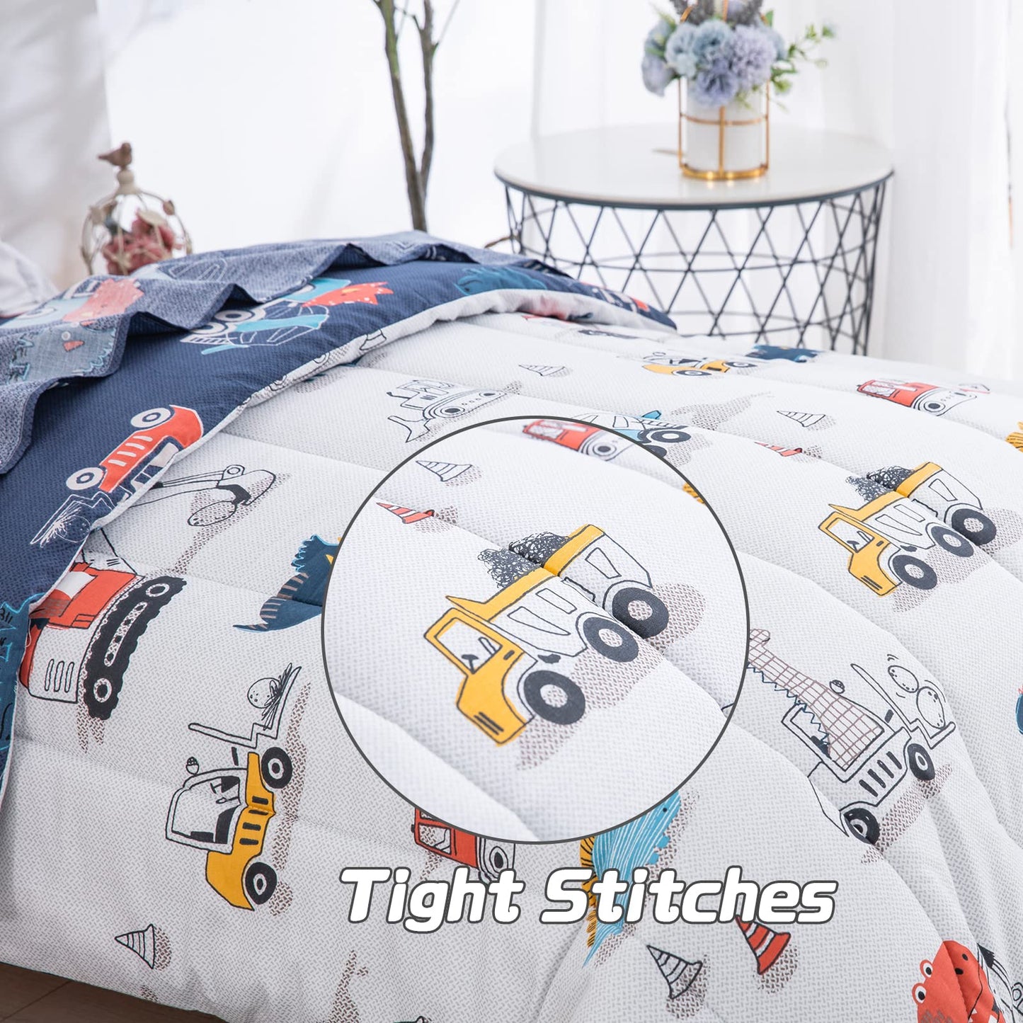 Djy 4 Pieces Cotton Toddler Bedding Set, Dinosaur Cars Reversible Toddler Bed Comforter Set For Kids Boys Girls, Includes Quilte