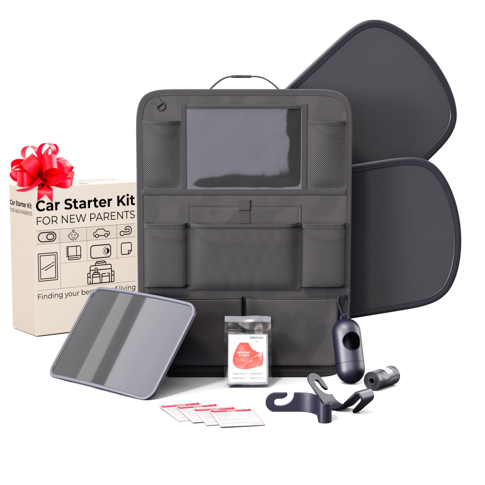 Crivora Baby Car Essentials Starter Kit for New Parents w/ 1 Backseat Organizer 2 Window Sun Shades 2 Headrest Hooks 1 Rear Faci