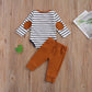 2Pcs/Set Newborn Baby Boys Outfit Long Sleeve Striped Bodysuit Romper Solid Pants Fall Winter Clothes (Khaki, 0-3 Months)
