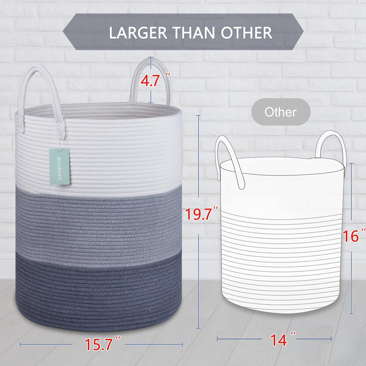 Bosroty Large Laundry Hamper Basket For Girls Boys Kids 65L, Nursery Hamper, Tall Blanket Basket, Clothes Basket Laundry, Woven