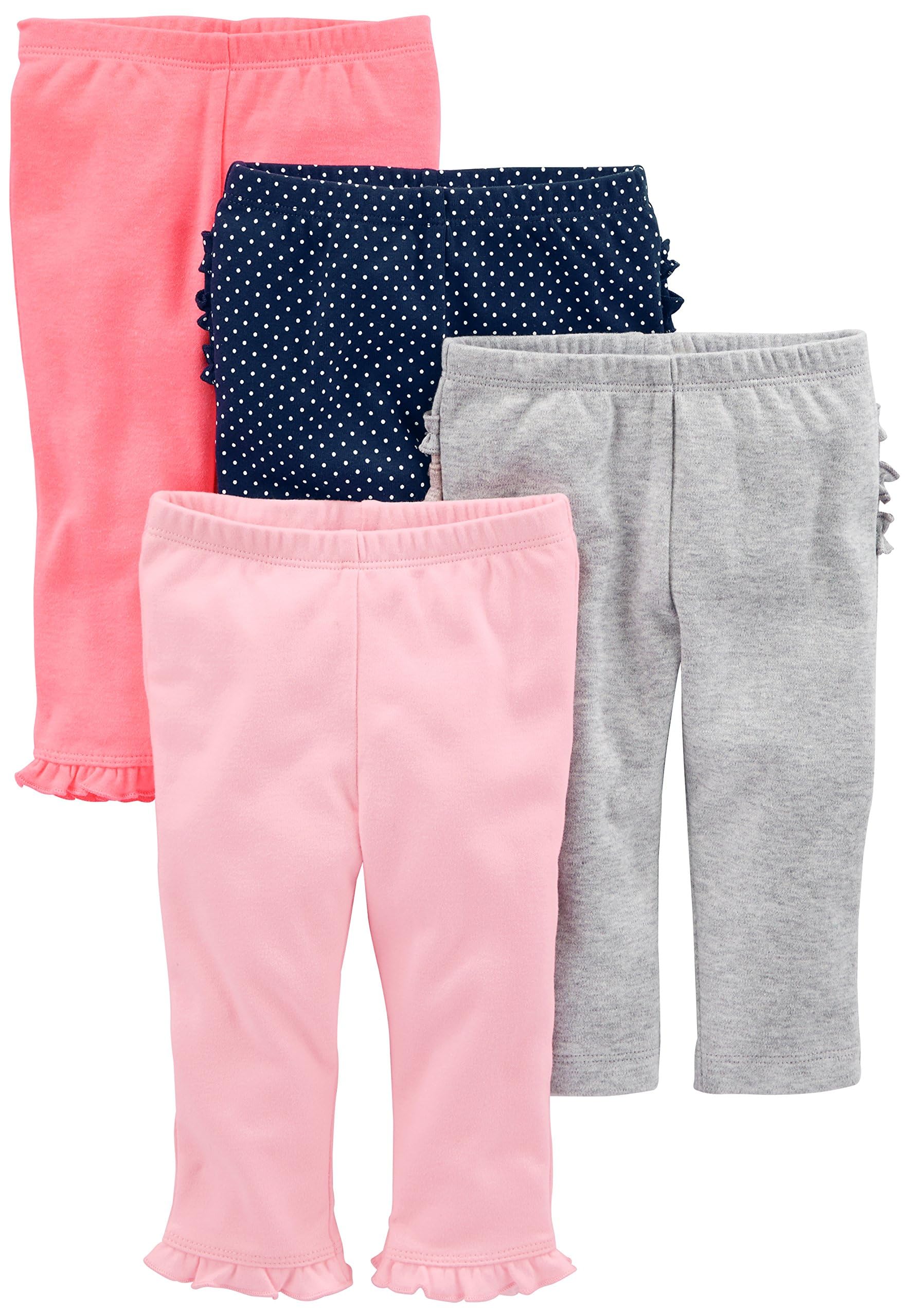 Simple Joys By Carter'S Baby Girls' 4-Pack Pant, Coral Pink/Grey/Navy Dots/Pink, 12 Months