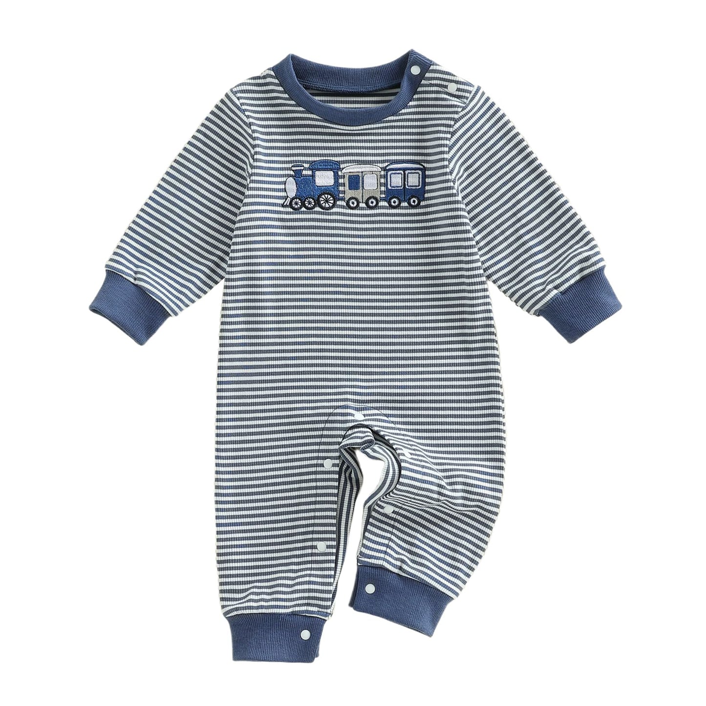 Mieeyali Newborn Baby Boy Clothes Truck Train Jumpsuit Striped Waffle Knit Romper One Piece Fall Winter Outfits (Blue Car B, 3-6
