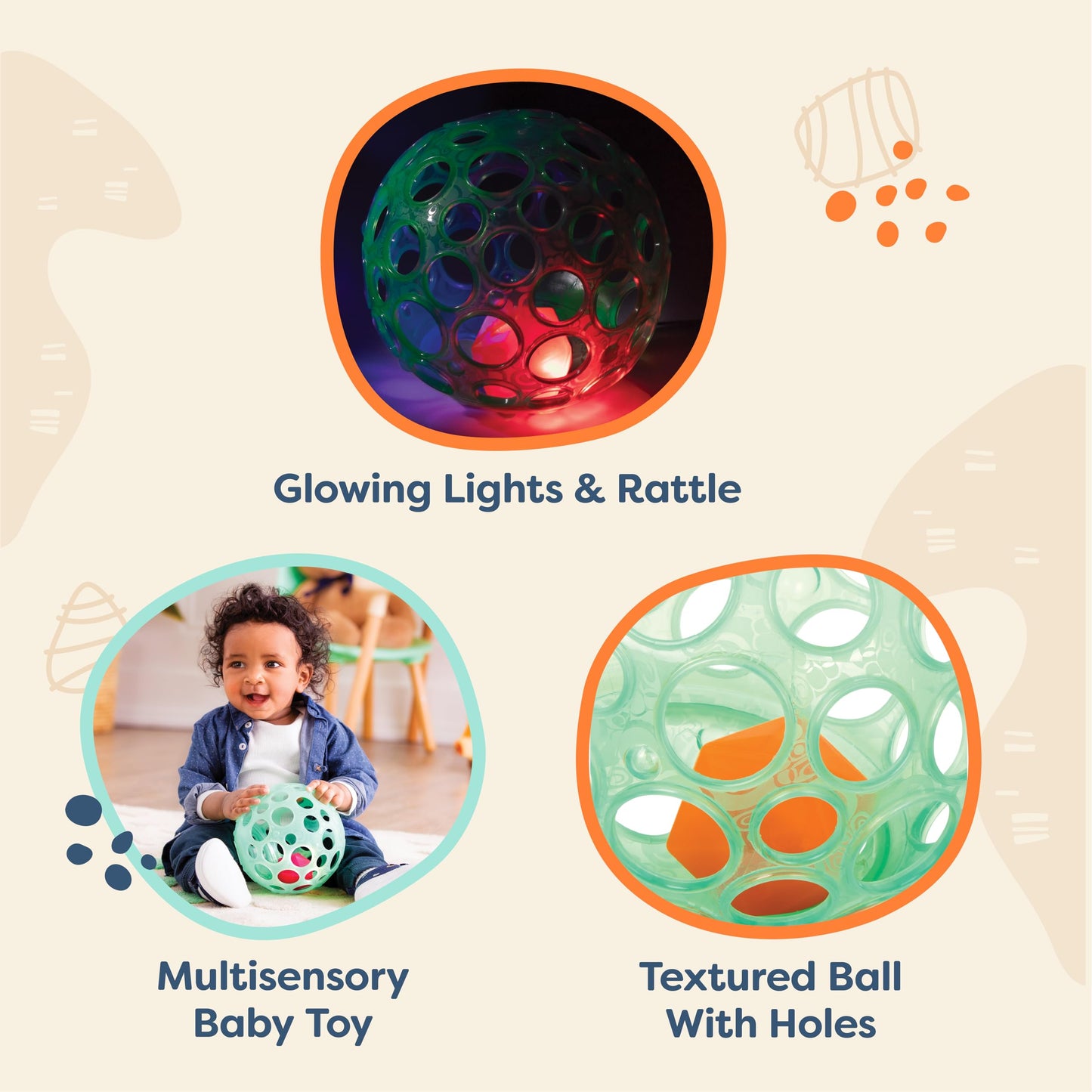 B. toys- B. baby- Sensory LightUp Baby Rattle- Textured Ball with Holes - Glowing Lights & Rattle - Infants, Babies - Grab n Glo