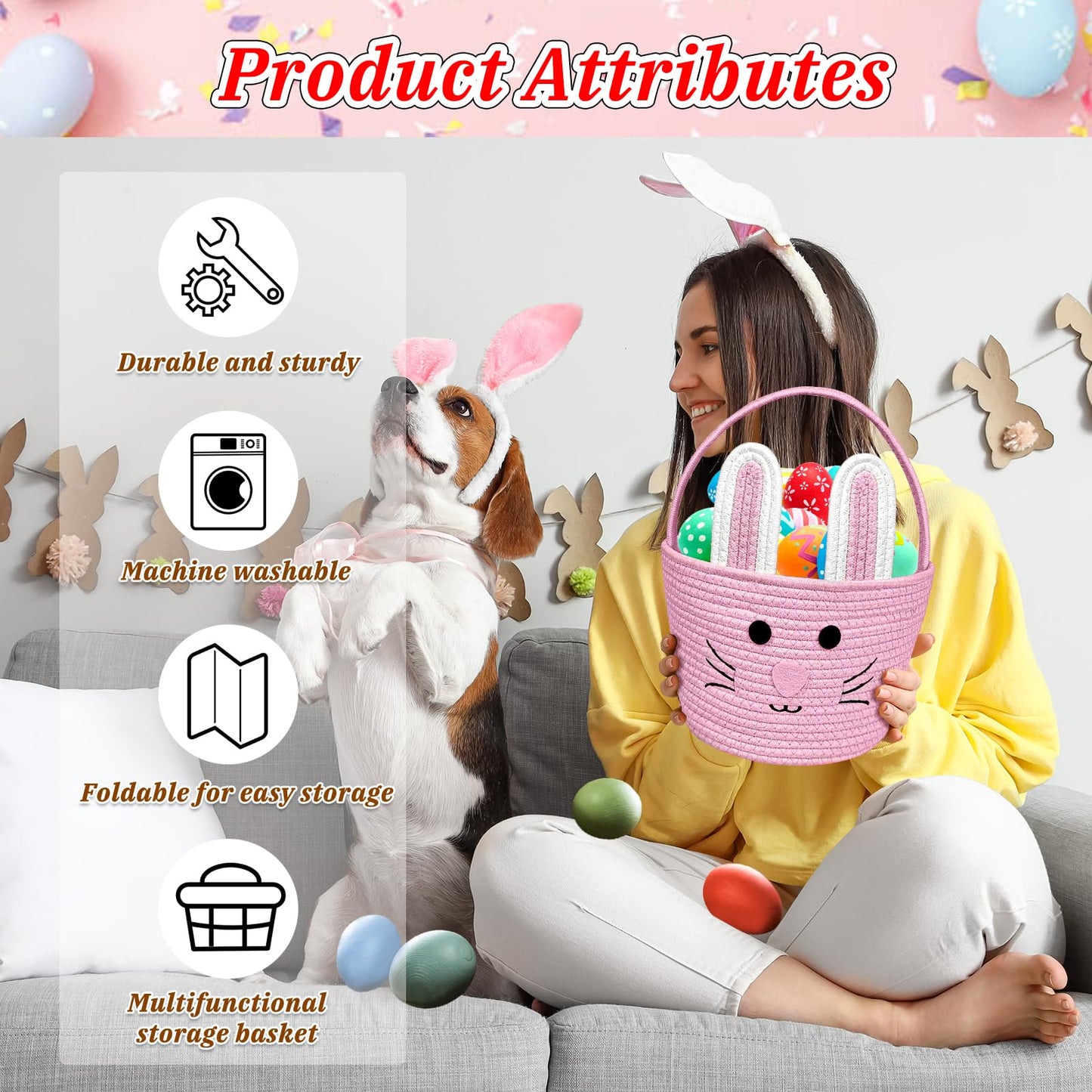 Brbecon Easter Bunny Basket For Kids With Name Tag, Pink Small Woven Easter Basket For Girls, Easter Egg Hunt Baskets Bags Easte