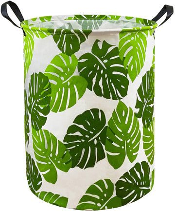 KUNRO Large Sized Round Storage Basket Waterproof Coating Organizer Bin Laundry Hamper for Nursery Clothes Toys (Green Leaves)