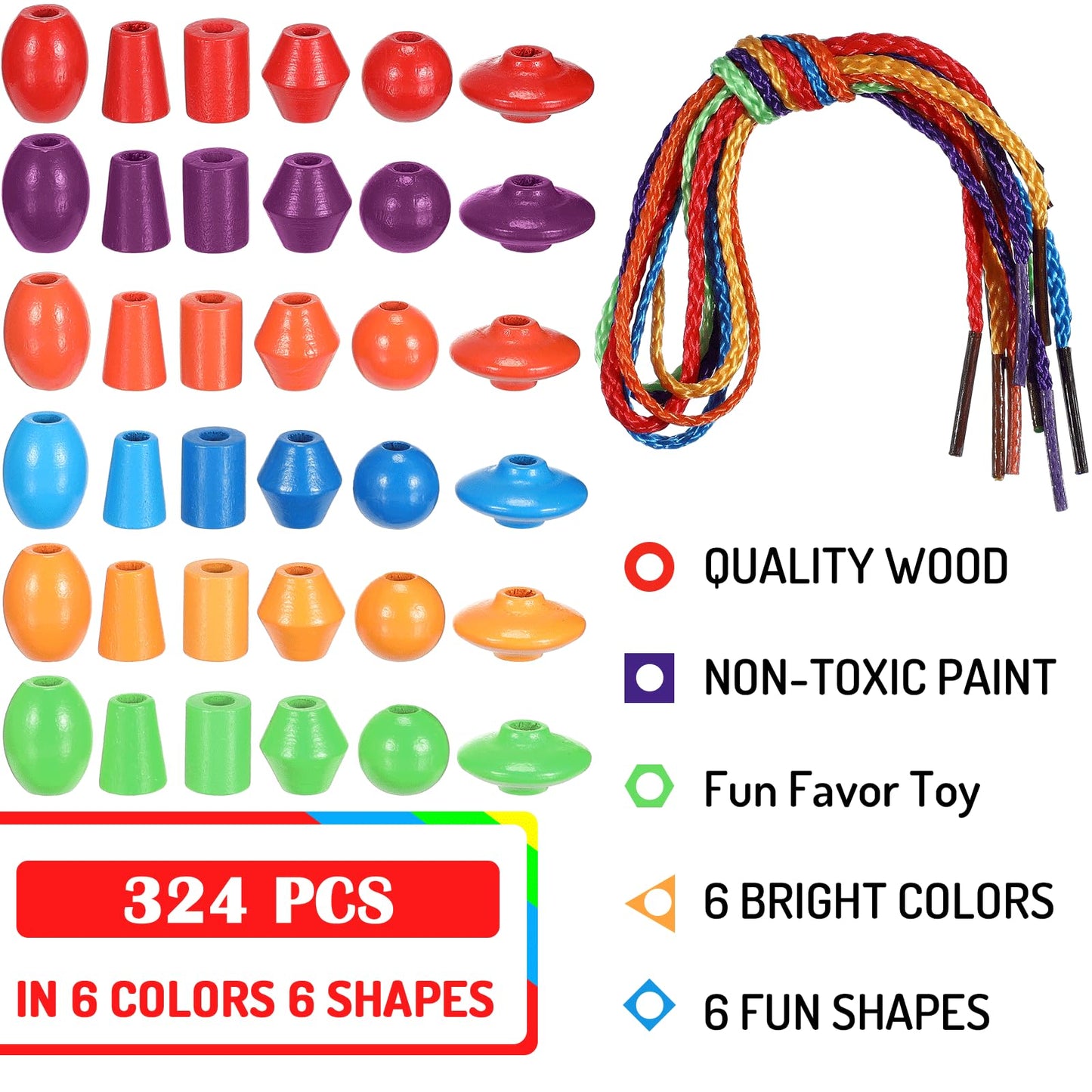 Shappy 324 Pcs Wooden Lacing Beads for Wooden String Beads Threading Toys Montessori Lacing Toys Fine Motor Skills Developmental