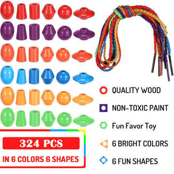Shappy 324 Pcs Wooden Lacing Beads for Wooden String Beads Threading Toys Montessori Lacing Toys Fine Motor Skills Developmental
