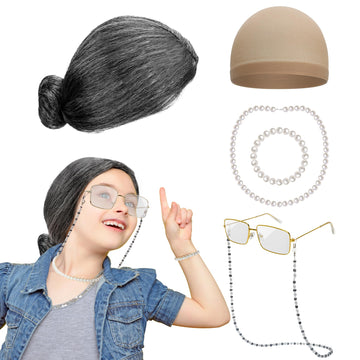 Huskein 100 Days Of School Costume, Old Lady Cosplay Silver Bun Wig Glasses Wig Cap Pearl Necklace Bracelet Accessories For Girl