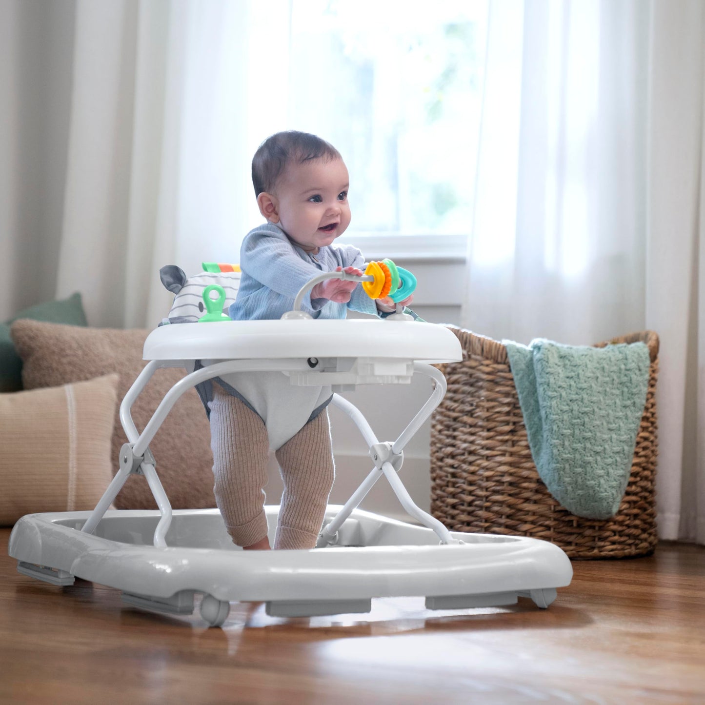 Ingenuity Smooth Strides Activity Baby Walker - Chambray, Developmental Walker, 3 Adjustable Heights, Toys Included, 6M-12M