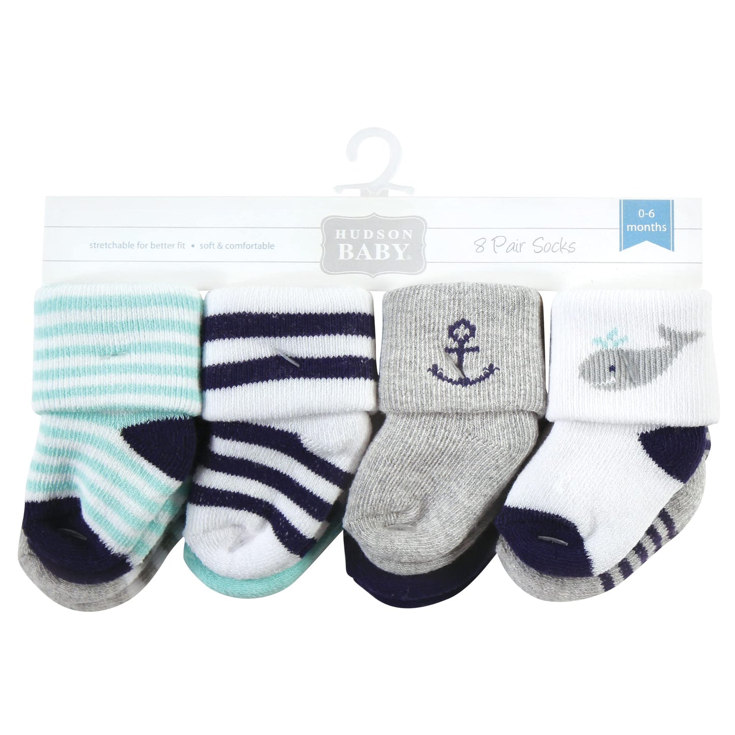 Hudson Baby Unisex Baby Cotton Rich Newborn And Terry Socks, Mint Whale, 0-6 Months