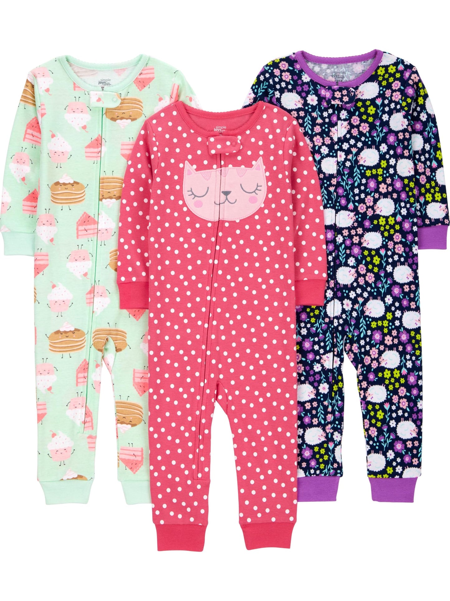 Simple Joys by Carters Baby 3-pack Snug-fit Footless Cotton Pajamas, sweets/floral/kitty, 6-9 Months