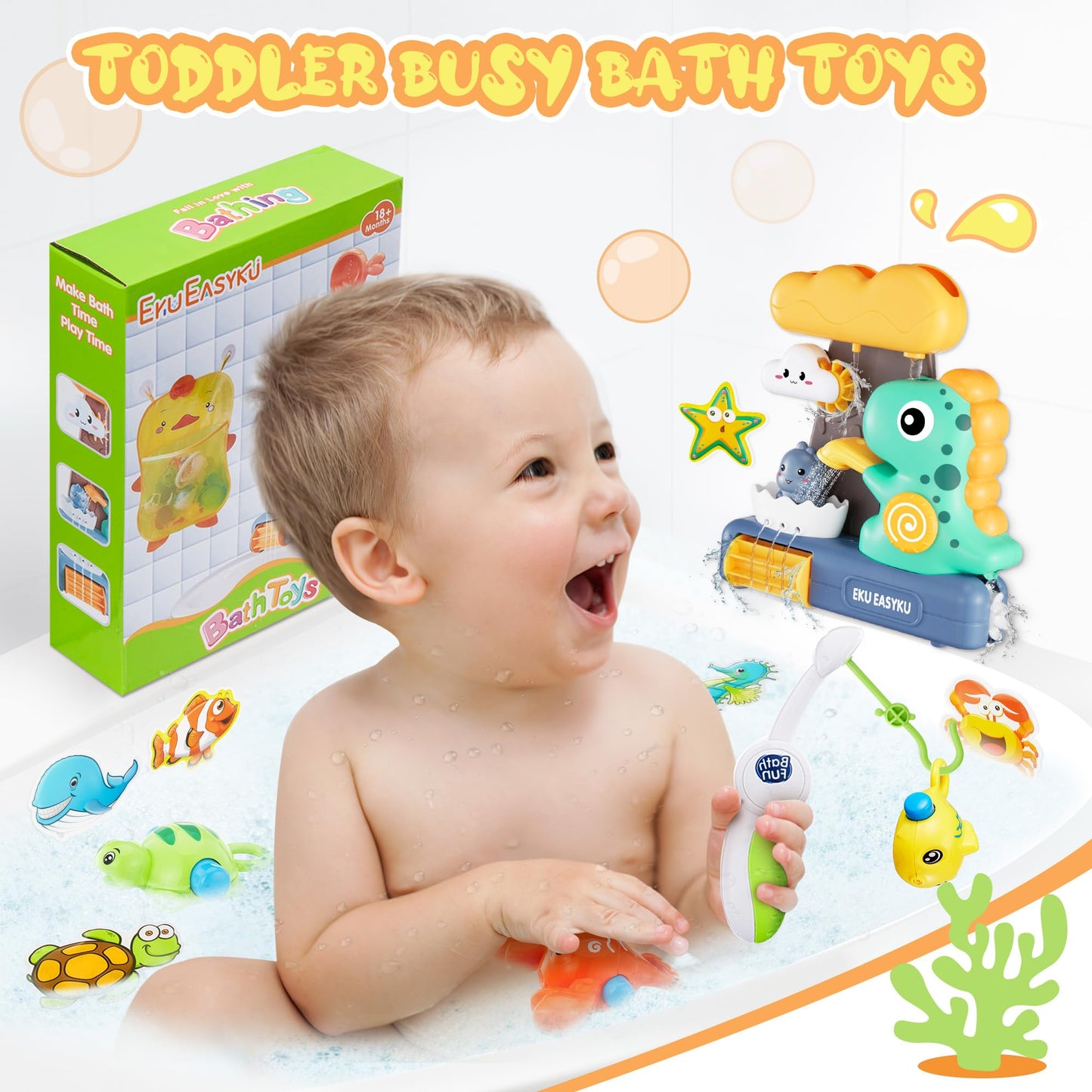 EKUEASYKU Dinosaur Bath Toys for Toddlers Shower Bath Time Fishing Games with Ocean Animals Dice Bathtub Toys Tub Gift for Baby