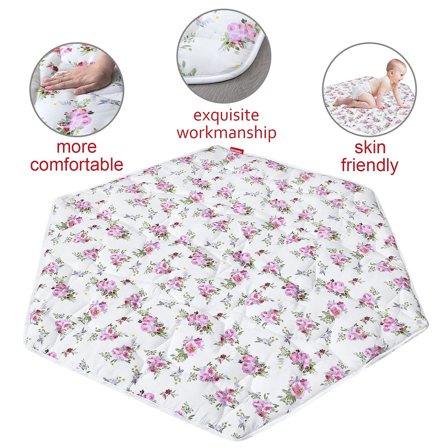 Hexagon Playpen Mat, Floral Print Baby Playmat Fits Regalo Portable Play Yard 48 Inch, Six Pannel Playpen Kids Tent Mat Hexagon