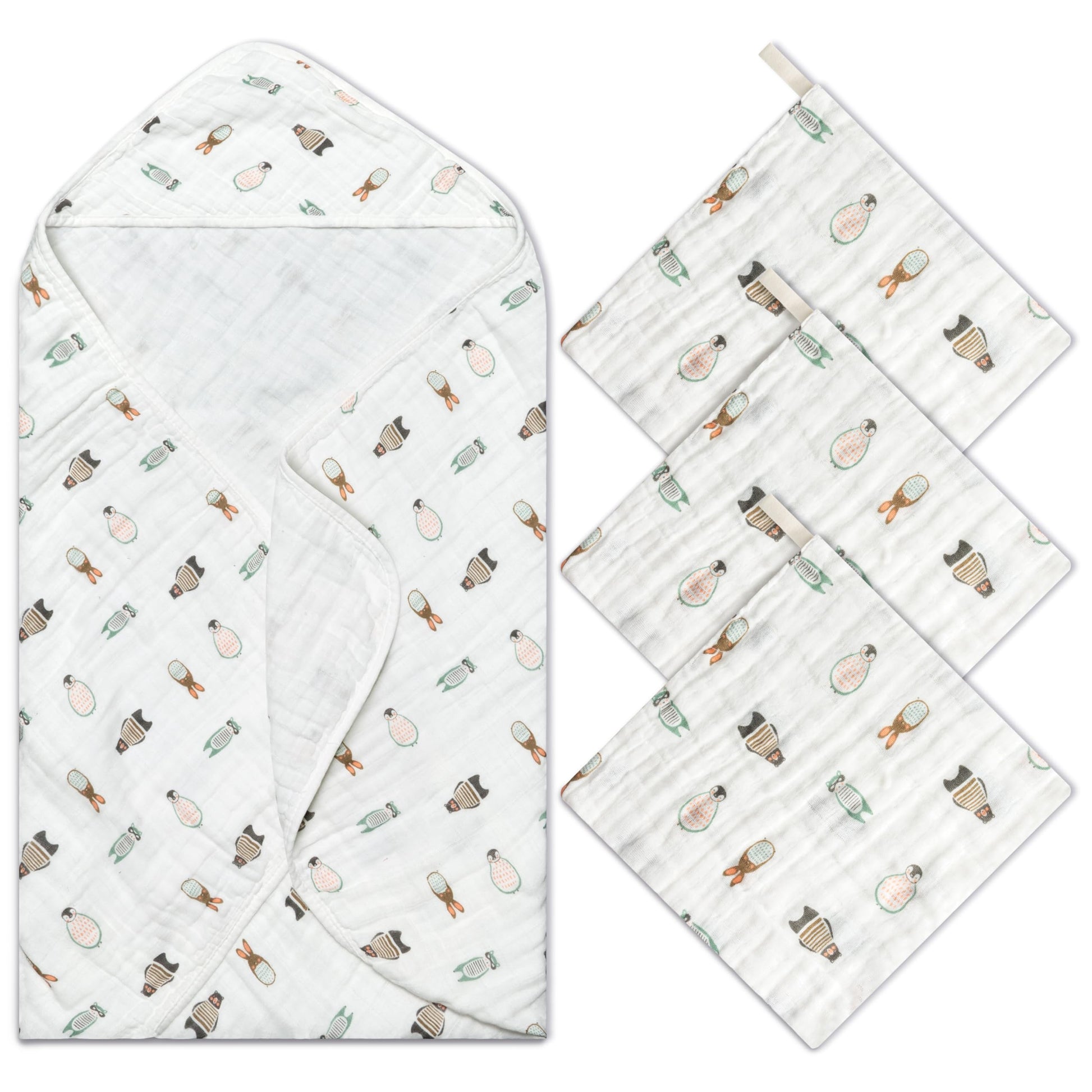 Zainpe 4Pcs Muslin Baby Hooded Towel & Washcloth Set Penguin Pattern Soft Absorbent Cotton Bath Hood Towels for Newborn Toddlers